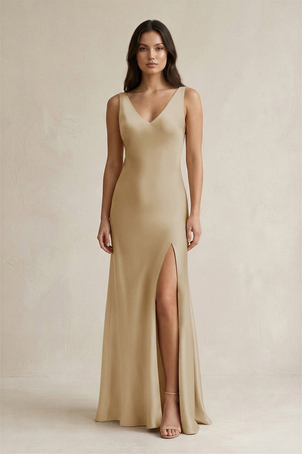 V - neck Sheath Satin Bridesmaid Dress With Back Bow in Champagne - KissProm Bridesmaid Dresses