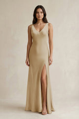 V - neck Sheath Satin Bridesmaid Dress With Back Bow in Champagne - KissProm Bridesmaid Dresses