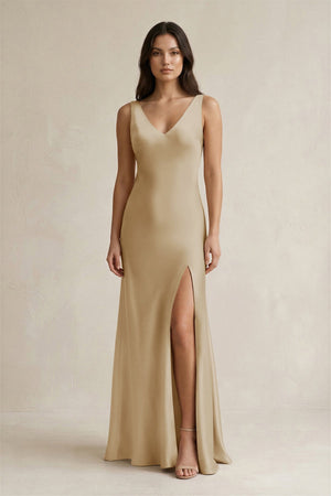 V - neck Sheath Satin Bridesmaid Dress With Back Bow in Champagne - KissProm Bridesmaid Dresses