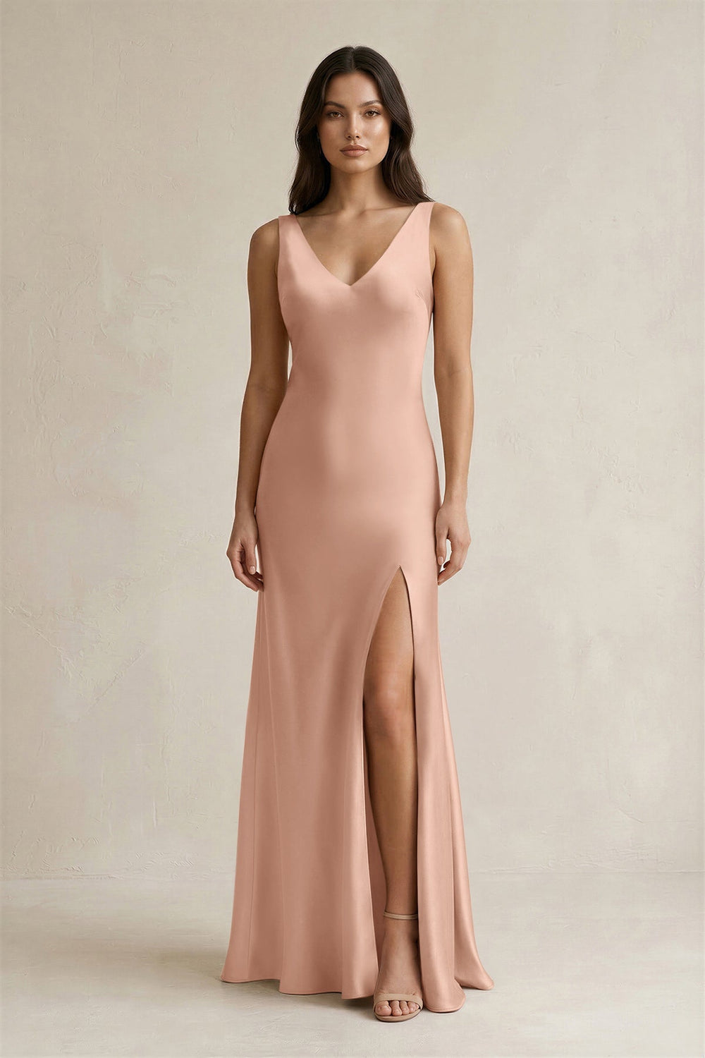 V - neck Sheath Satin Bridesmaid Dress With Back Bow in Champagne Rose - KissProm Bridesmaid Dresses