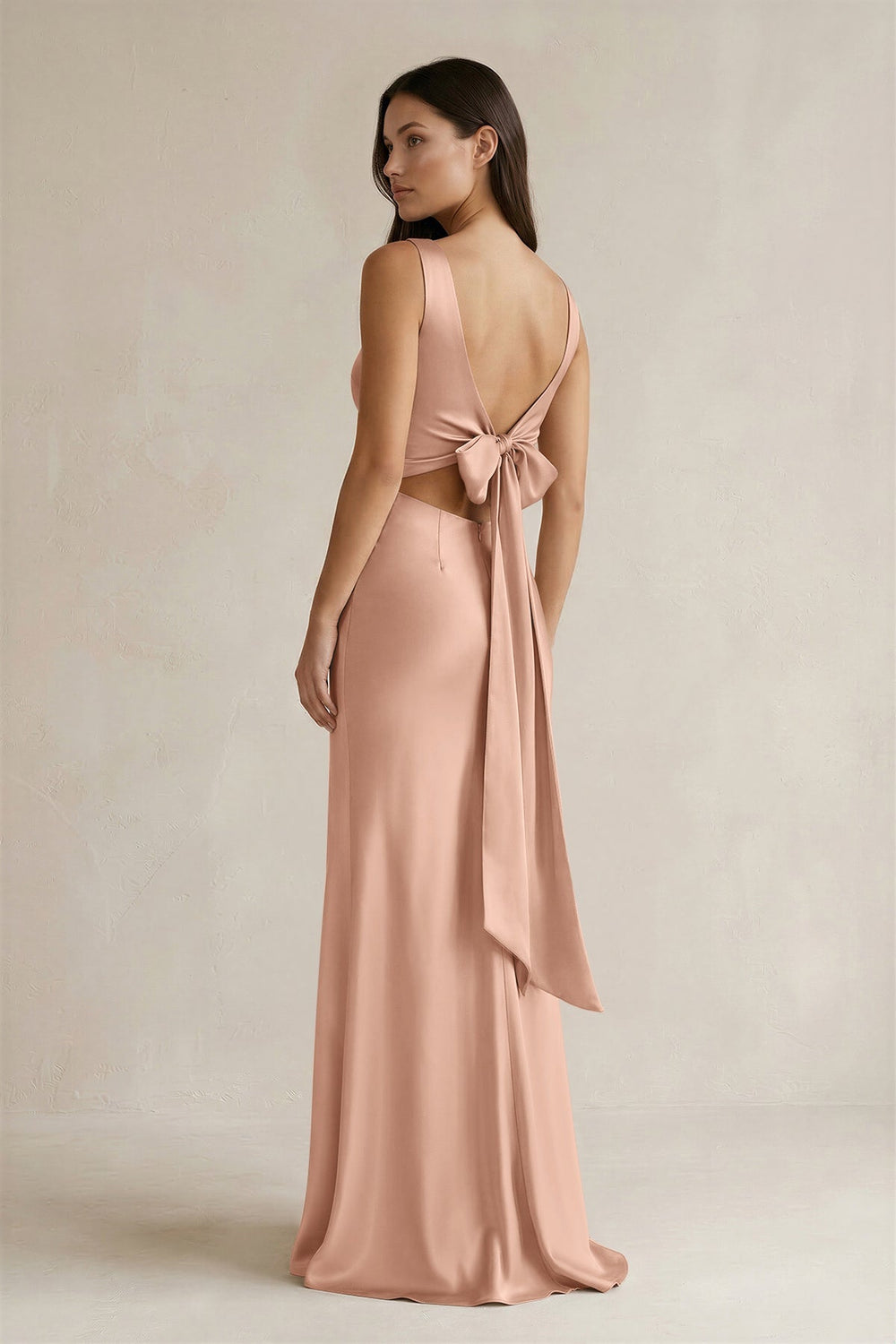 V - neck Sheath Satin Bridesmaid Dress With Back Bow in Champagne Rose - KissProm Bridesmaid Dresses