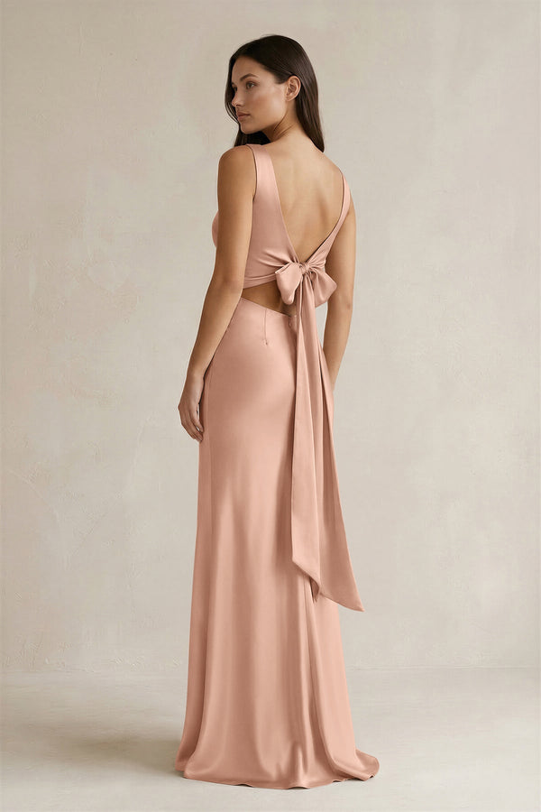 V - neck Sheath Satin Bridesmaid Dress With Back Bow in Champagne Rose - KissProm Bridesmaid Dresses
