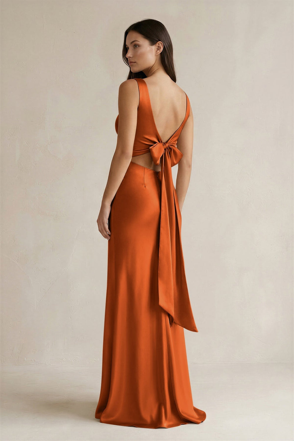V - neck Sheath Satin Bridesmaid Dress With Back Bow in Cinnamon - KissProm Bridesmaid Dresses