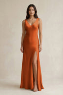 V - neck Sheath Satin Bridesmaid Dress With Back Bow in Cinnamon - KissProm Bridesmaid Dresses