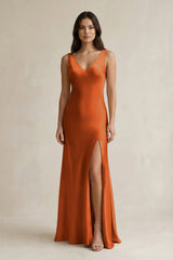 V - neck Sheath Satin Bridesmaid Dress With Back Bow in Cinnamon - KissProm Bridesmaid Dresses