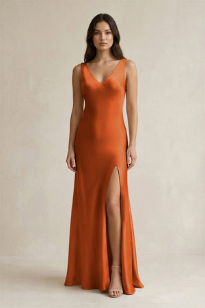 V - neck Sheath Satin Bridesmaid Dress With Back Bow in Cinnamon - KissProm Bridesmaid Dresses