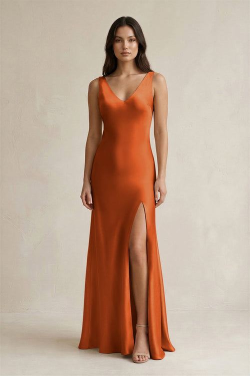 V - neck Sheath Satin Bridesmaid Dress With Back Bow in Cinnamon - KissProm Bridesmaid Dresses