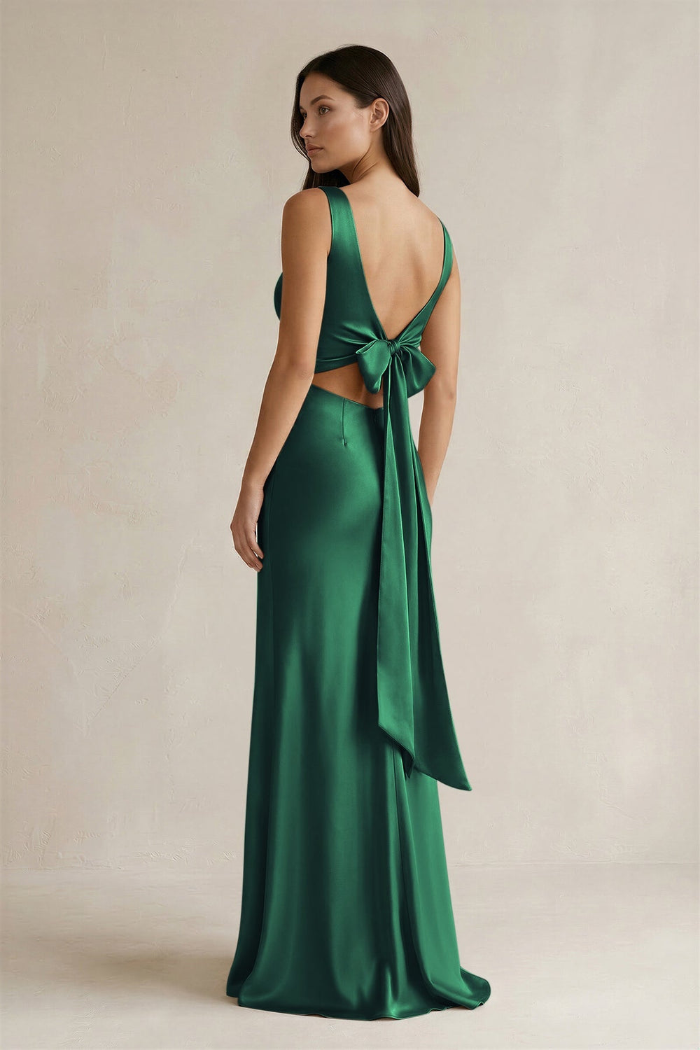 V - neck Sheath Satin Bridesmaid Dress With Back Bow in Dark Green - KissProm Bridesmaid Dresses