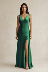 V - neck Sheath Satin Bridesmaid Dress With Back Bow in Dark Green - KissProm Bridesmaid Dresses