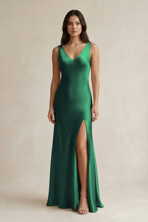V - neck Sheath Satin Bridesmaid Dress With Back Bow in Dark Green - KissProm Bridesmaid Dresses