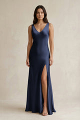 V - neck Sheath Satin Bridesmaid Dress With Back Bow in Dark Navy - KissProm Bridesmaid Dresses