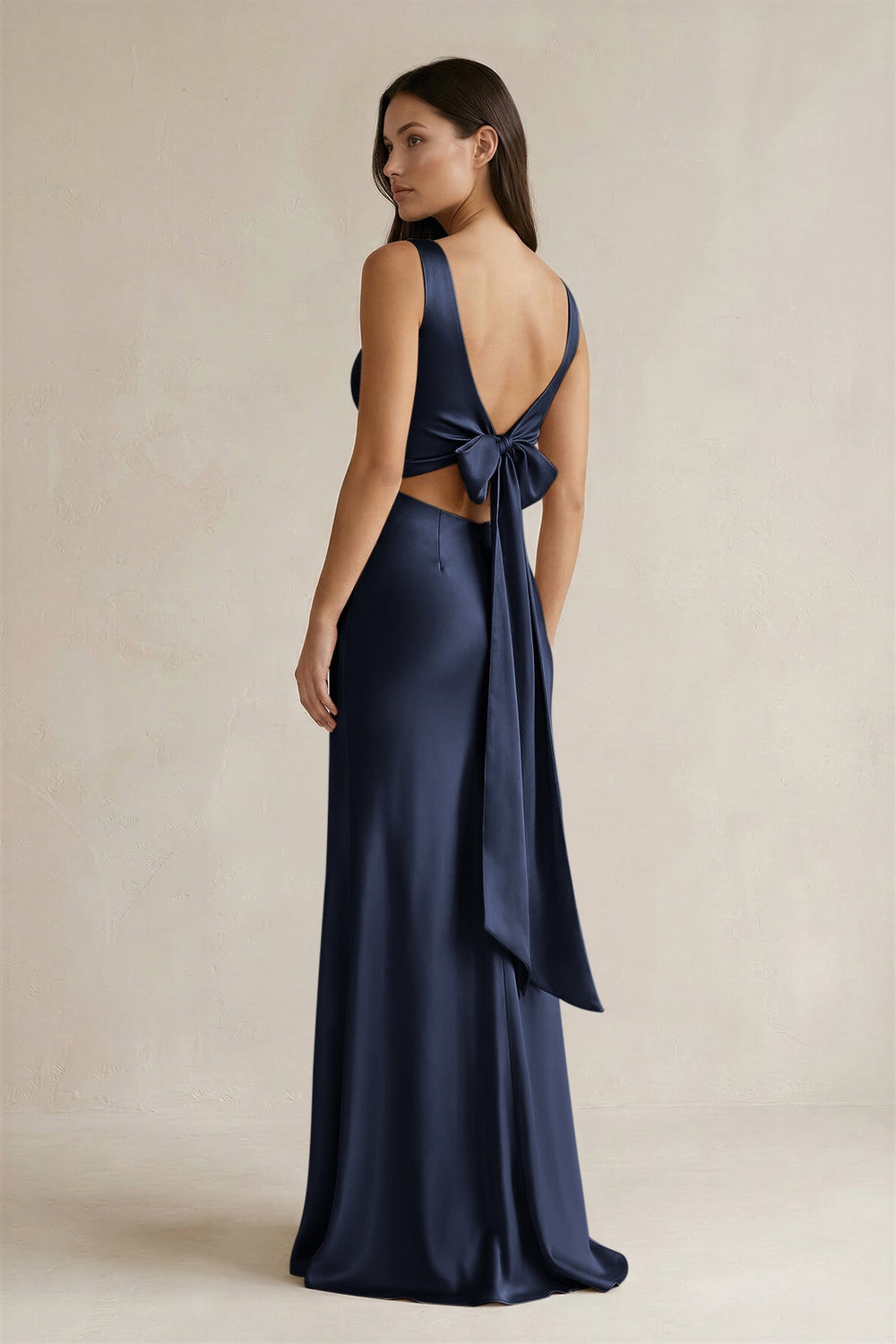 V - neck Sheath Satin Bridesmaid Dress With Back Bow in Dark Navy - KissProm Bridesmaid Dresses