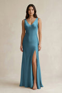 V - neck Sheath Satin Bridesmaid Dress With Back Bow in Dark Teal - KissProm Bridesmaid Dresses