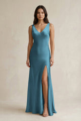 V - neck Sheath Satin Bridesmaid Dress With Back Bow in Dark Teal - KissProm Bridesmaid Dresses