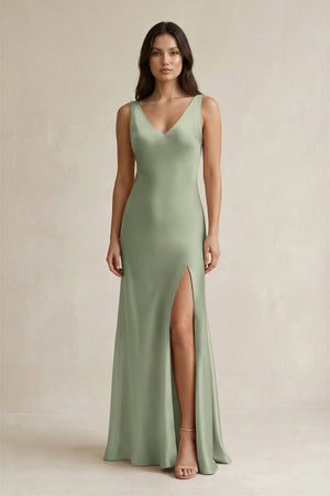 V - neck Sheath Satin Bridesmaid Dress With Back Bow in Dove Gray - KissProm Bridesmaid Dresses