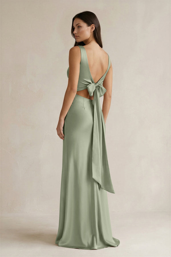 V - neck Sheath Satin Bridesmaid Dress With Back Bow in Dove Gray - KissProm Bridesmaid Dresses