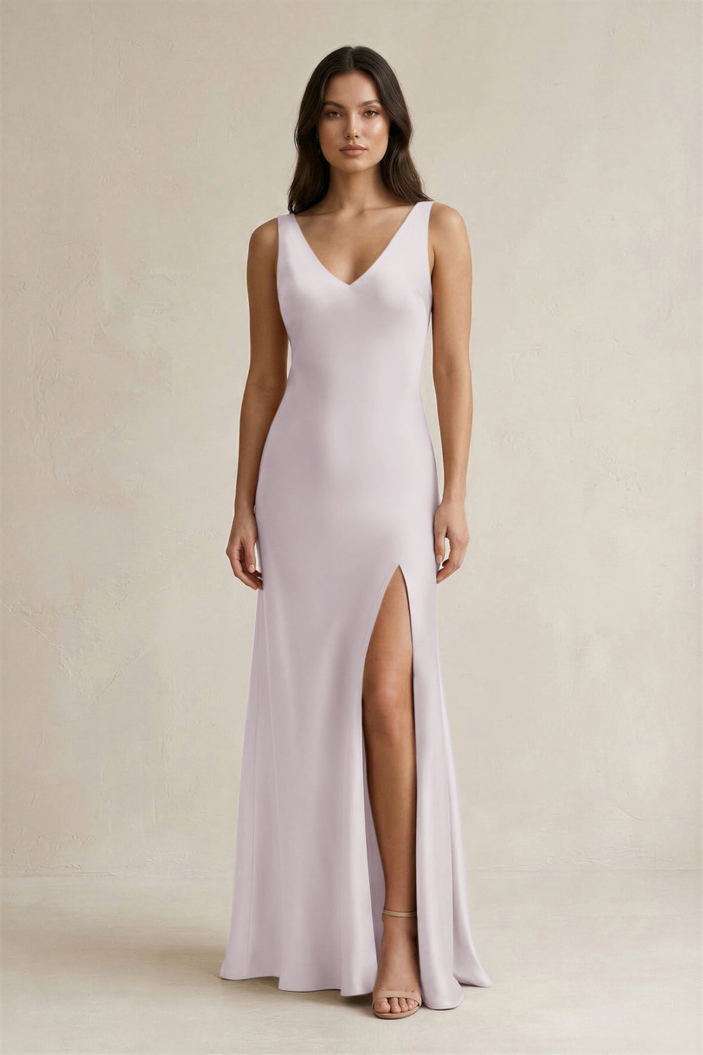 V - neck Sheath Satin Bridesmaid Dress With Back Bow in Dusk - KissProm Bridesmaid Dresses