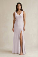 V - neck Sheath Satin Bridesmaid Dress With Back Bow in Dusk - KissProm Bridesmaid Dresses