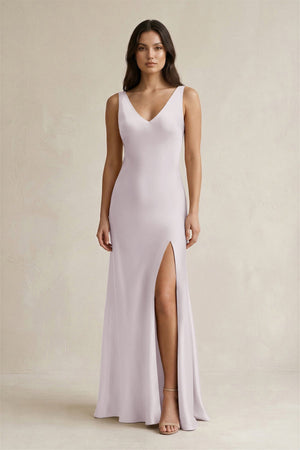V - neck Sheath Satin Bridesmaid Dress With Back Bow in Dusk - KissProm Bridesmaid Dresses