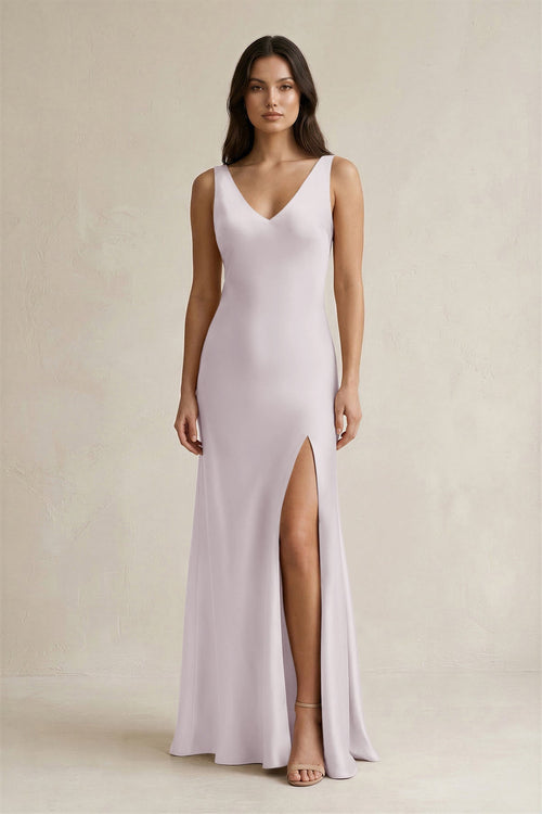 V - neck Sheath Satin Bridesmaid Dress With Back Bow in Dusk - KissProm Bridesmaid Dresses