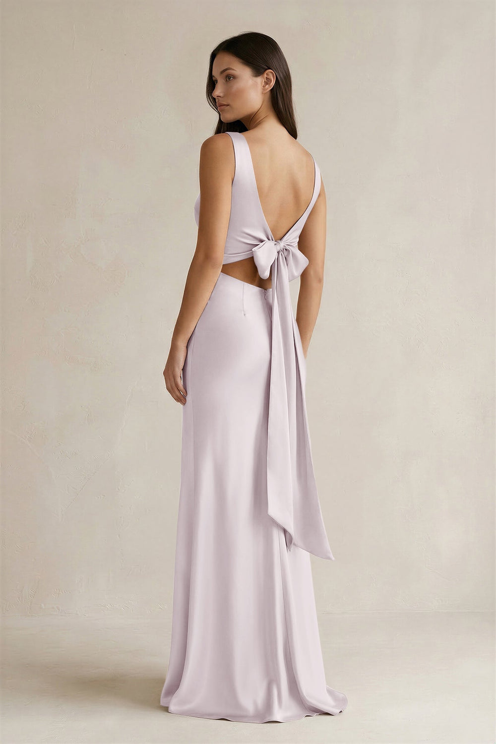 V - neck Sheath Satin Bridesmaid Dress With Back Bow in Dusk - KissProm Bridesmaid Dresses