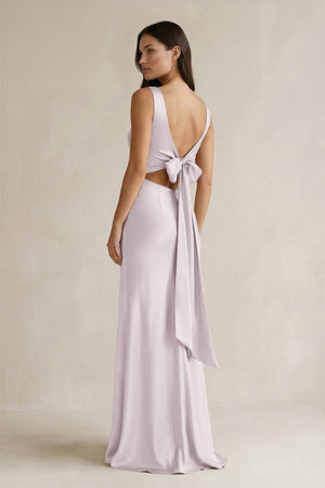 V - neck Sheath Satin Bridesmaid Dress With Back Bow in Dusk - KissProm Bridesmaid Dresses