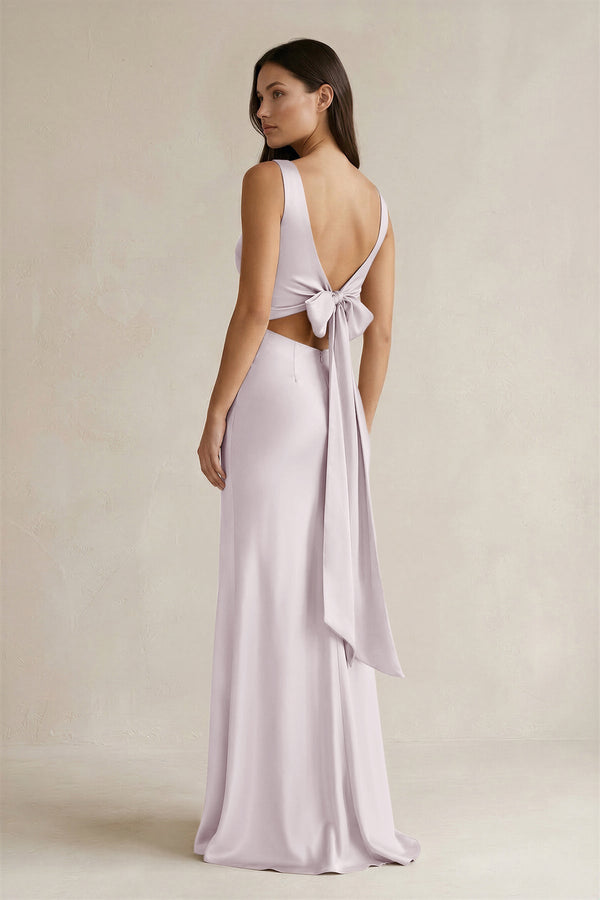 V - neck Sheath Satin Bridesmaid Dress With Back Bow in Dusk - KissProm Bridesmaid Dresses