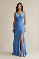 V - neck Sheath Satin Bridesmaid Dress With Back Bow in Dusty Blue - KissProm Bridesmaid Dresses