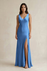 V - neck Sheath Satin Bridesmaid Dress With Back Bow in Dusty Blue - KissProm Bridesmaid Dresses