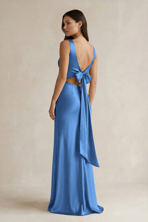 V - neck Sheath Satin Bridesmaid Dress With Back Bow in Dusty Blue - KissProm Bridesmaid Dresses