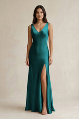 V - neck Sheath Satin Bridesmaid Dress With Back Bow in Emerald - KissProm Bridesmaid Dresses
