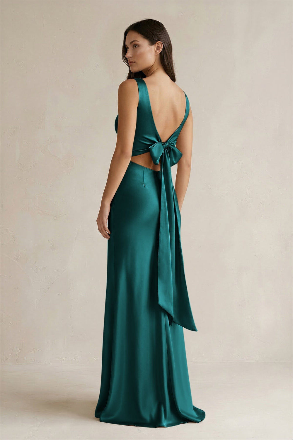 V - neck Sheath Satin Bridesmaid Dress With Back Bow in Emerald - KissProm Bridesmaid Dresses
