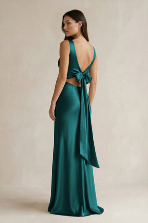 V - neck Sheath Satin Bridesmaid Dress With Back Bow in Emerald - KissProm Bridesmaid Dresses