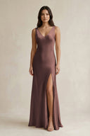 V - neck Sheath Satin Bridesmaid Dress With Back Bow in Espresso - KissProm Bridesmaid Dresses