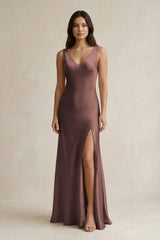 V - neck Sheath Satin Bridesmaid Dress With Back Bow in Espresso - KissProm Bridesmaid Dresses