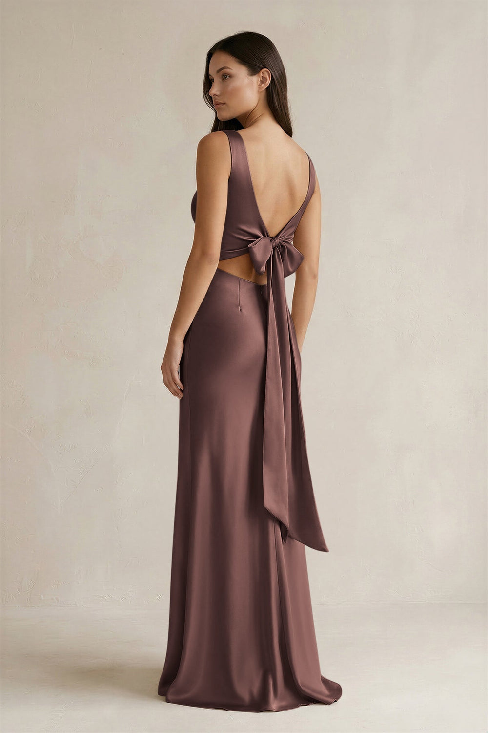 V - neck Sheath Satin Bridesmaid Dress With Back Bow in Espresso - KissProm Bridesmaid Dresses