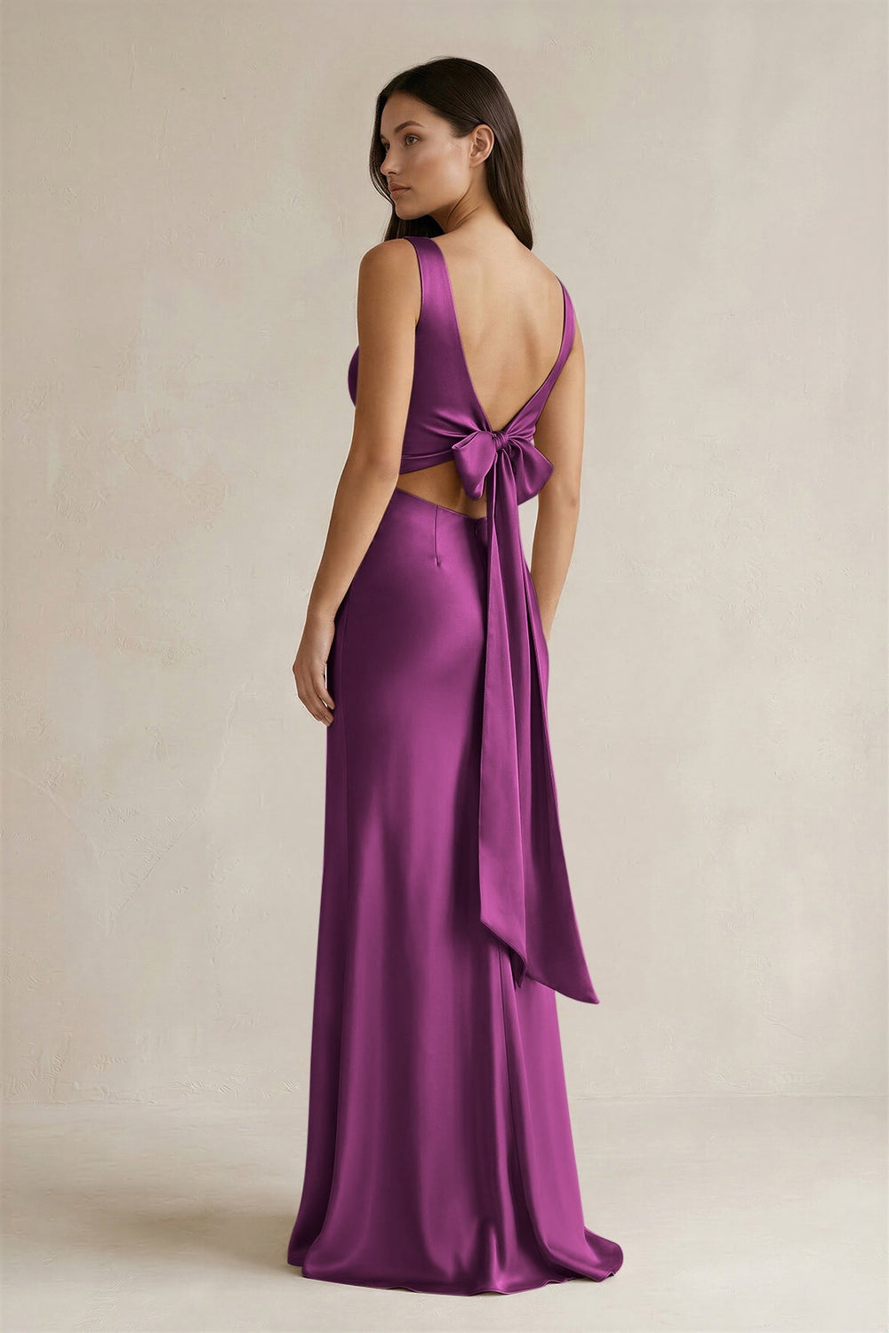 V - neck Sheath Satin Bridesmaid Dress With Back Bow in Fig - KissProm Bridesmaid Dresses