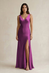 V - neck Sheath Satin Bridesmaid Dress With Back Bow in Fig - KissProm Bridesmaid Dresses
