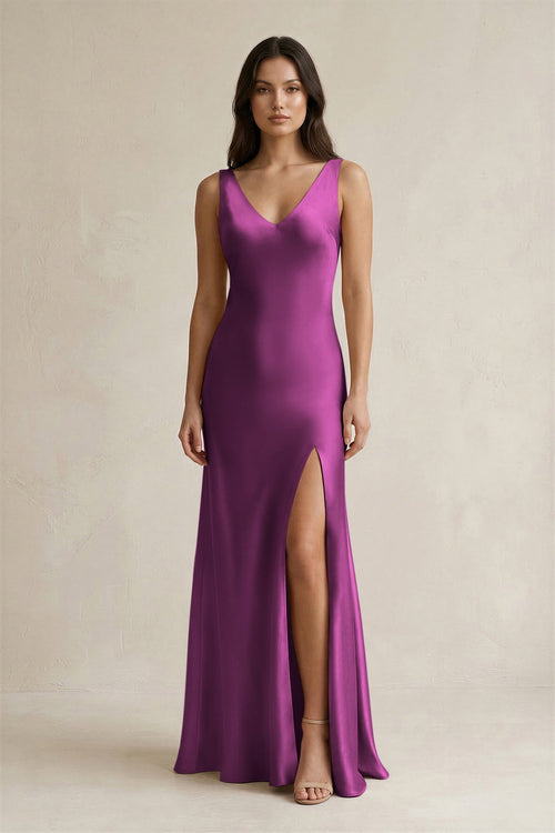 V - neck Sheath Satin Bridesmaid Dress With Back Bow in Fig - KissProm Bridesmaid Dresses