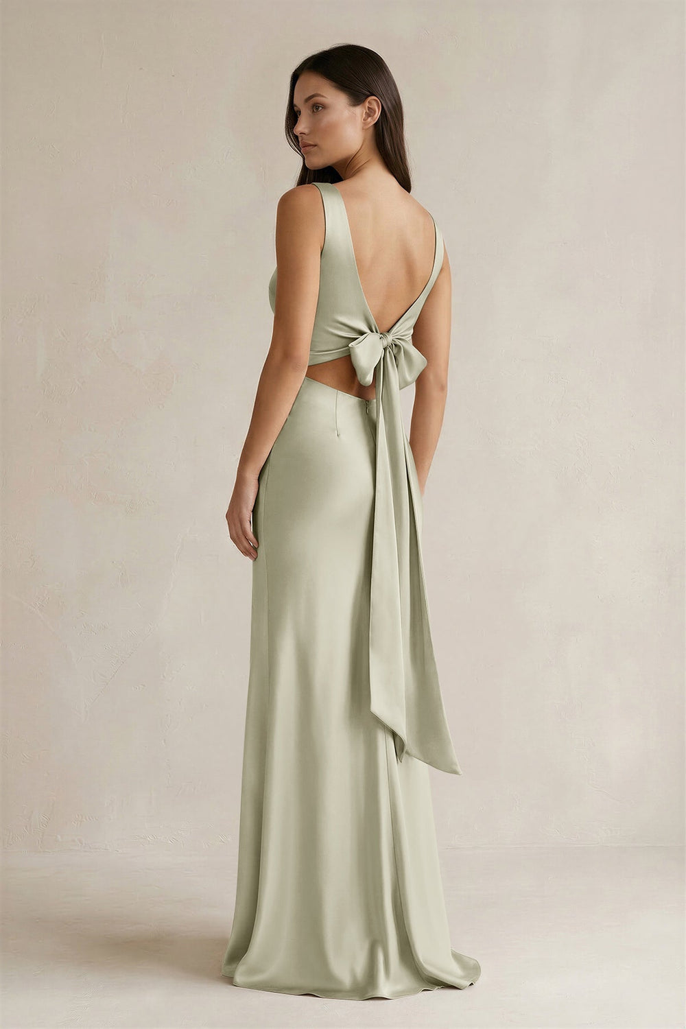 V - neck Sheath Satin Bridesmaid Dress With Back Bow in Frost - KissProm Bridesmaid Dresses