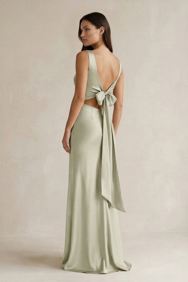 V - neck Sheath Satin Bridesmaid Dress With Back Bow in Frost - KissProm Bridesmaid Dresses