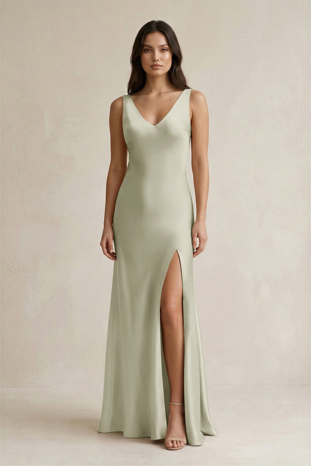 V - neck Sheath Satin Bridesmaid Dress With Back Bow in Frost - KissProm Bridesmaid Dresses