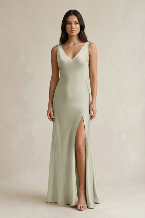 V - neck Sheath Satin Bridesmaid Dress With Back Bow in Frost - KissProm Bridesmaid Dresses