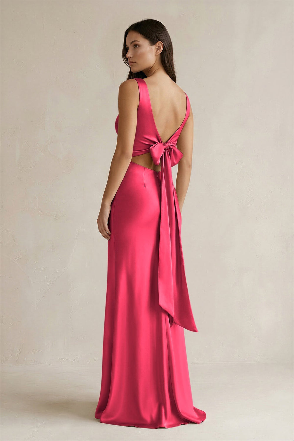 V - neck Sheath Satin Bridesmaid Dress With Back Bow in Fuchsia - KissProm Bridesmaid Dresses