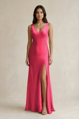 V - neck Sheath Satin Bridesmaid Dress With Back Bow in Fuchsia - KissProm Bridesmaid Dresses