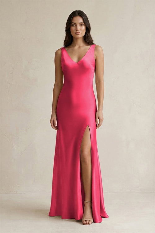 V - neck Sheath Satin Bridesmaid Dress With Back Bow in Fuchsia - KissProm Bridesmaid Dresses