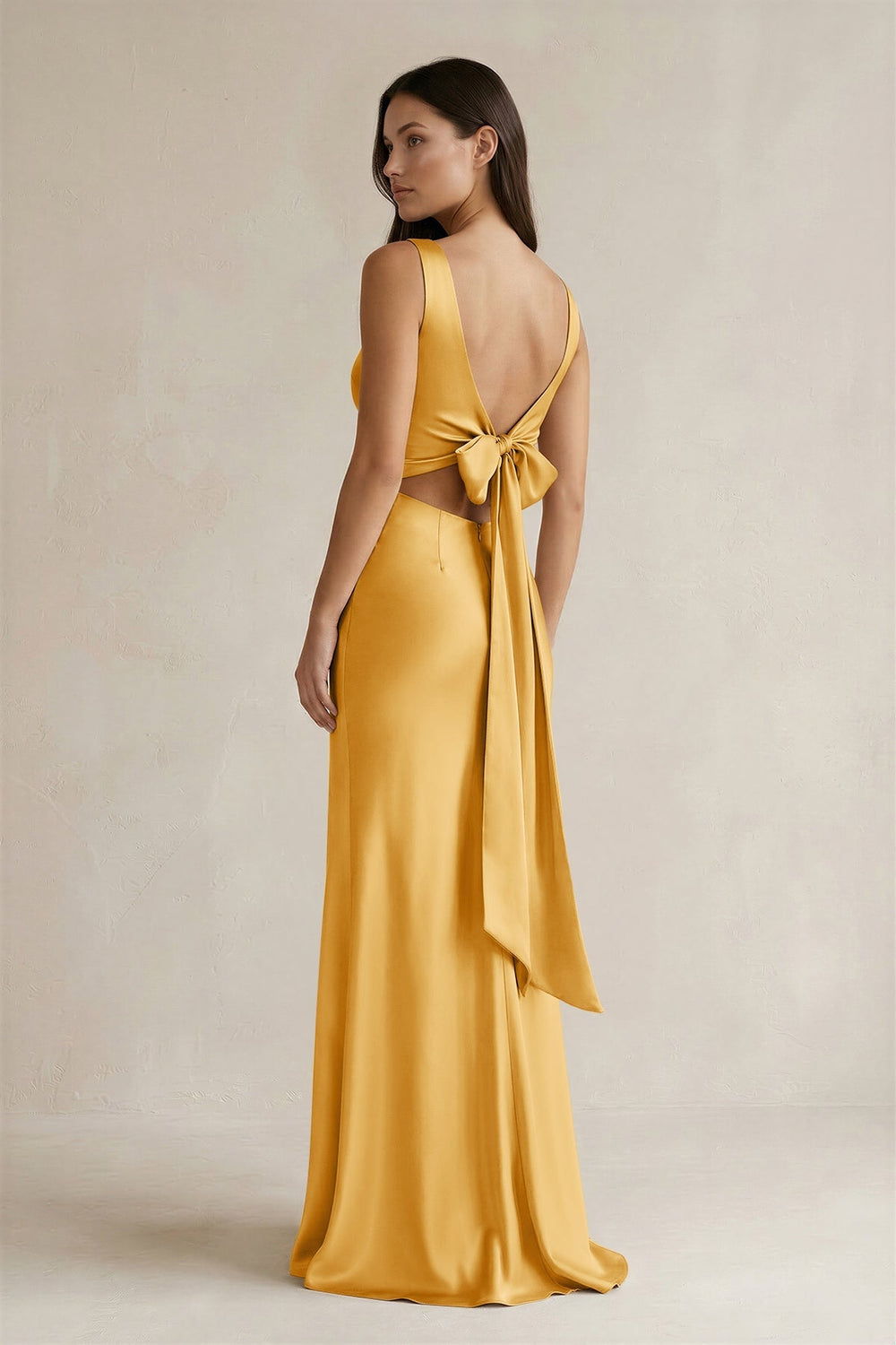 V - neck Sheath Satin Bridesmaid Dress With Back Bow in Gold - KissProm Bridesmaid Dresses