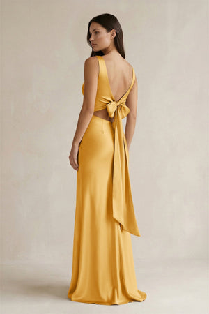 V - neck Sheath Satin Bridesmaid Dress With Back Bow in Gold - KissProm Bridesmaid Dresses