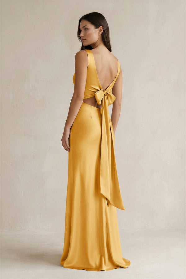 V - neck Sheath Satin Bridesmaid Dress With Back Bow in Gold - KissProm Bridesmaid Dresses