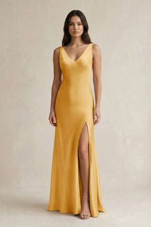 V - neck Sheath Satin Bridesmaid Dress With Back Bow in Gold - KissProm Bridesmaid Dresses